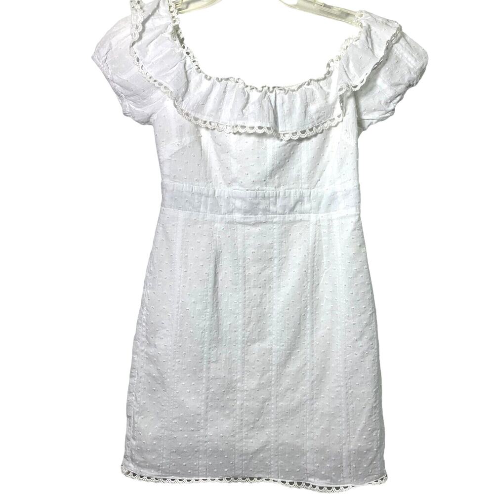 Womens Small White Dress Ruffle Neckline Puff Sleeves Swiss‎ Dot Boho Beach